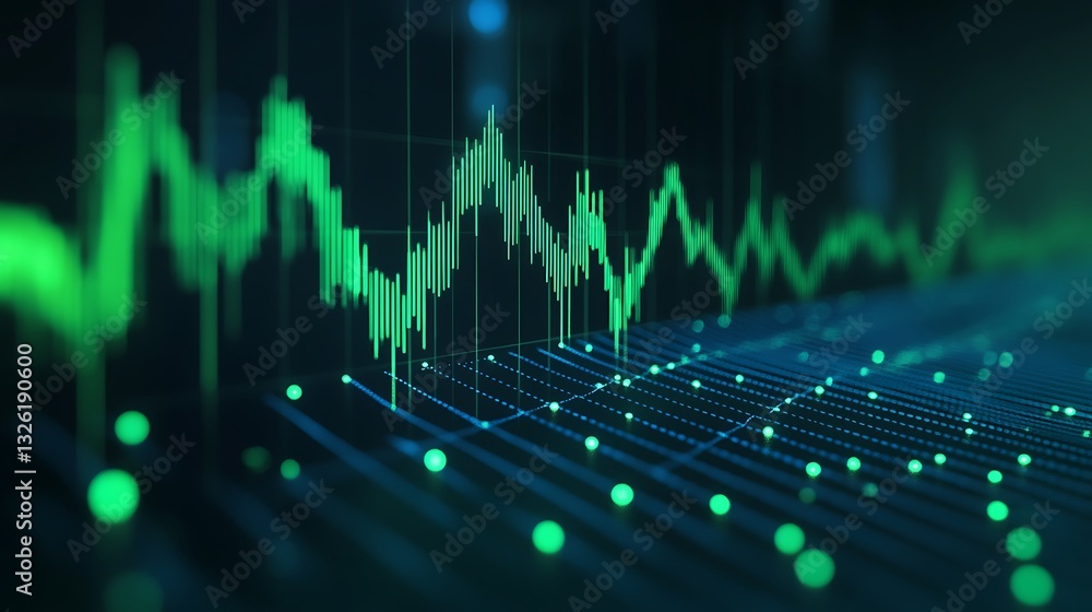 Poster digital stock market trading visualization with green graph and data points for financial analysis