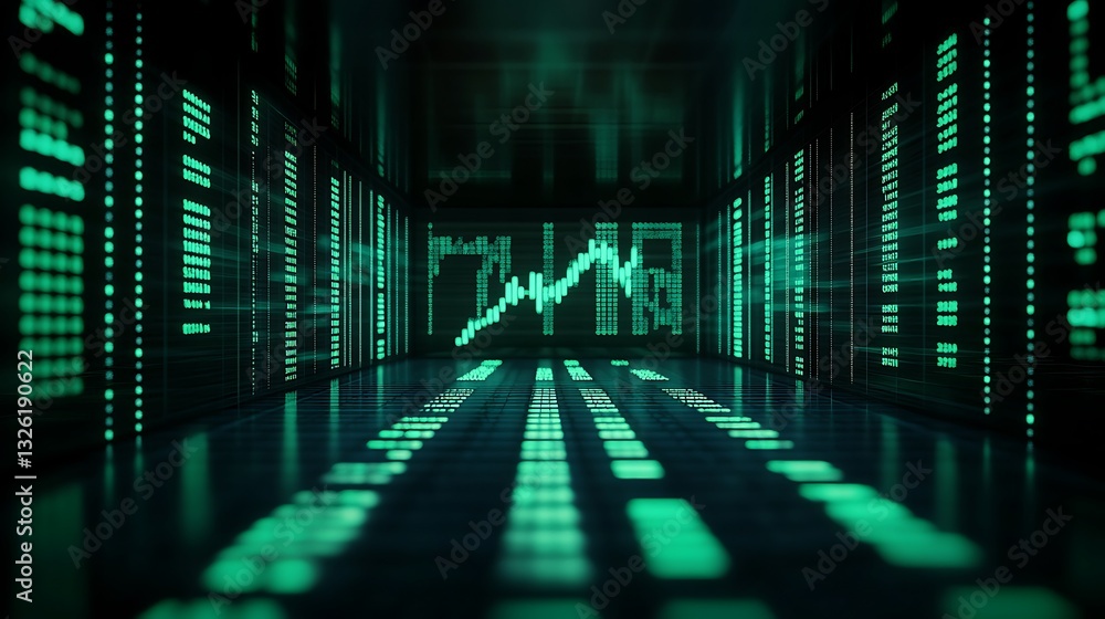 Poster digital stock market visualization with green data points and trend charts in abstract financial env