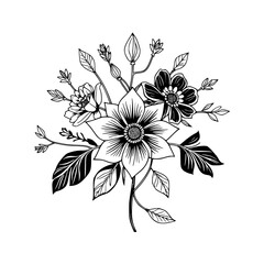 Intricate black and white floral bouquet illustration, detailed line art with a variety of flowers and leaves, on a white background.