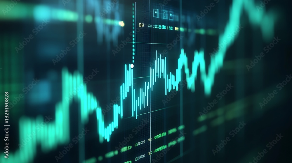Poster dynamic blue stock market graph representing bullish trend with candlestick patterns and digital ele