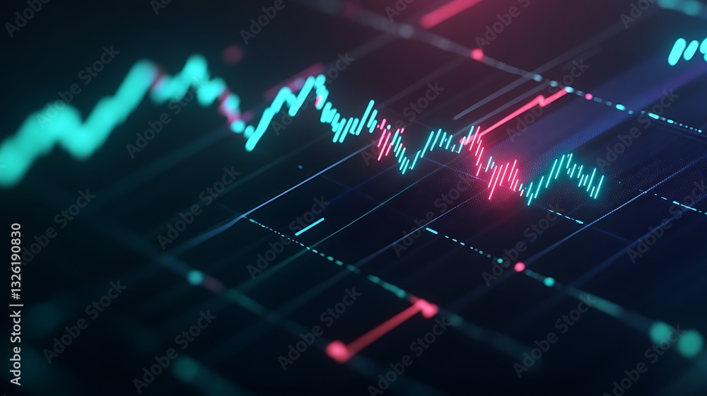 Poster dynamic data visualization with neon color lines and abstract graphical elements in a futuristic set