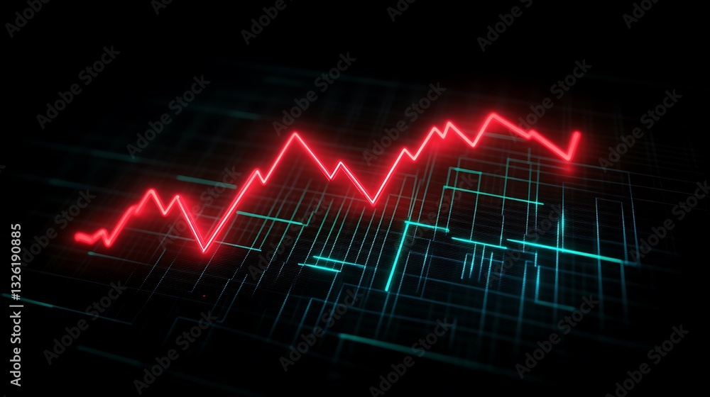 Poster dynamic financial graph visualization with red and blue lines on a dark background for business anal
