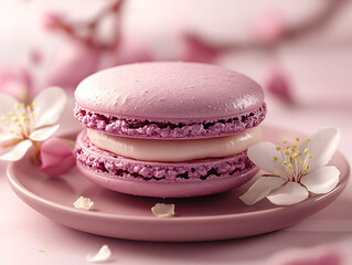 Fototapeta premium purple macarons stacked on a pinkish surface, decorated with delicate pink flowers and petals.