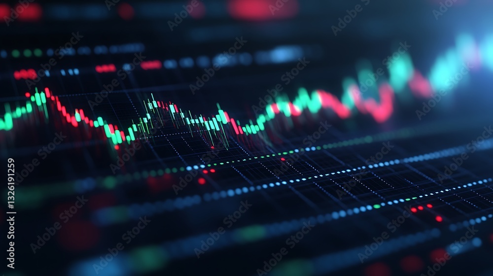 Poster dynamic stock market graph with colorful candlestick patterns representing financial trends and data