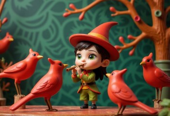 A whimsical character in a green outfit plays a flute surrounded by red birds