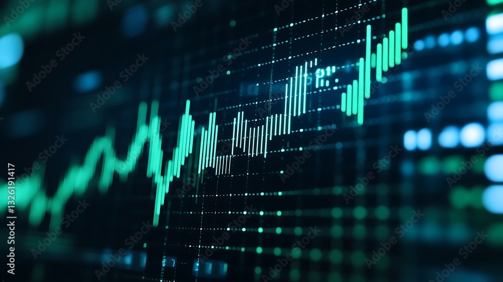 Poster dynamic stock market graphs with green data representation on digital display screen for financial a