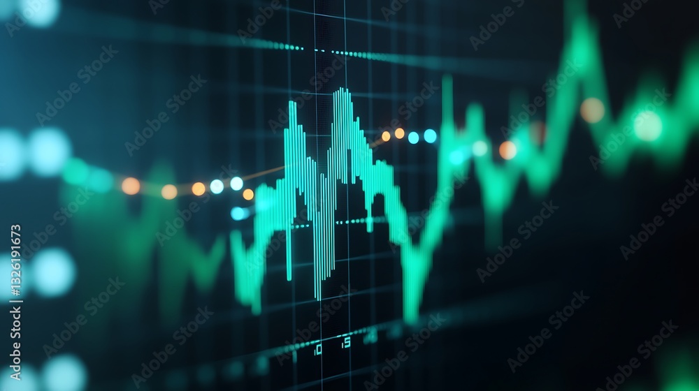 Poster financial chart displaying stock market trends with colorful indicators and data visualization techn