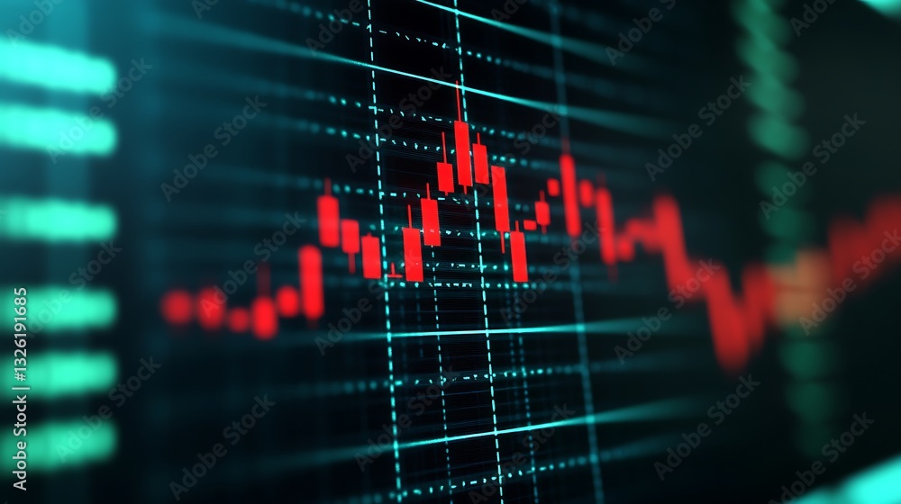 Poster financial data visualization with candlestick graph and data grid representing market trends