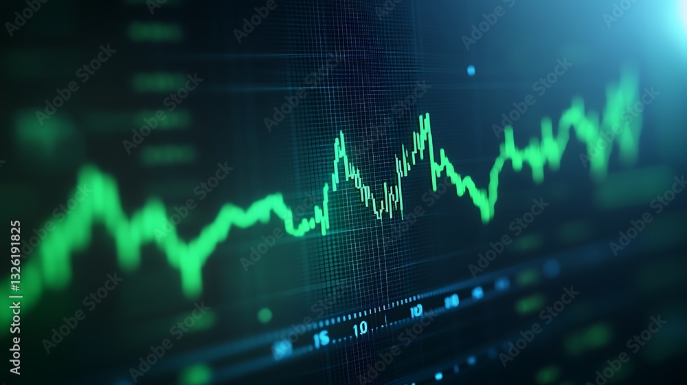Poster financial data visualization with green chart lines on dark background for market analysis and insig