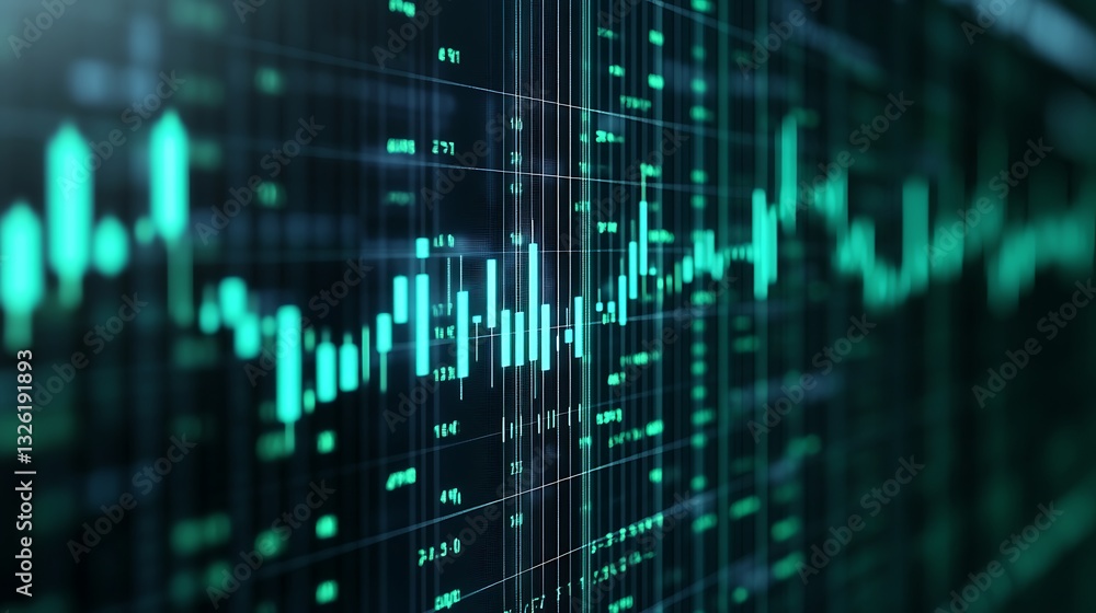 Poster financial data visualization with green graph lines displaying market trends and fluctuations in a d
