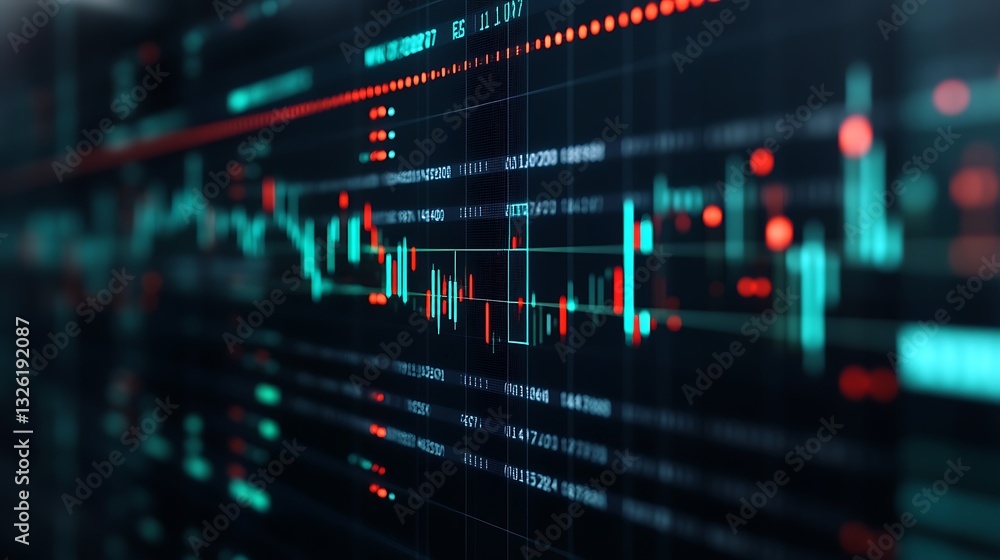 Poster financial growth graph with colorful candlestick chart and data visualization on digital screen