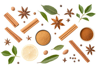 isolated transparent Background. Aromatic spices and herbs arranged beautifully with lemon slices