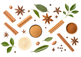 isolated transparent Background. Aromatic spices and herbs arranged beautifully with lemon slices