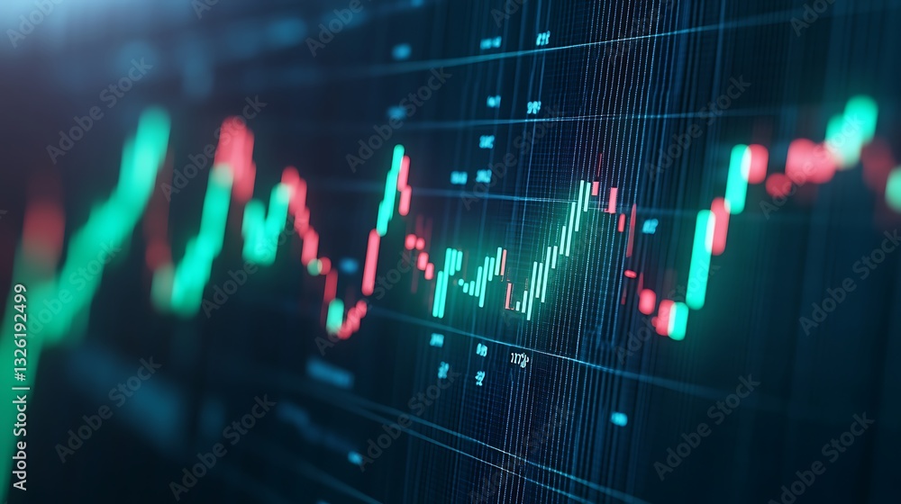 Poster financial market trends displayed on a digital graph with colorful candlestick chart visualization f