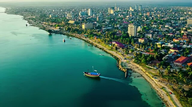 Aerial view highlights the coastal beauty of Dar es Salaam, Tanzania showcasing urban life near the water, aerial view of the haven of peace, city of Dar es Salaam