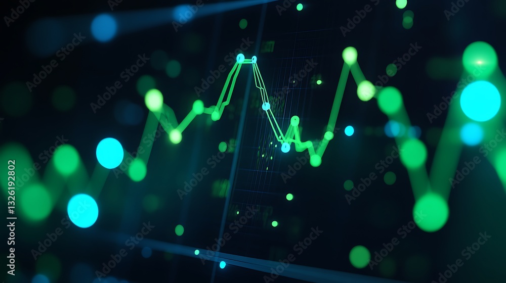 Poster futuristic abstract data visualization with green and blue elements on a dark background