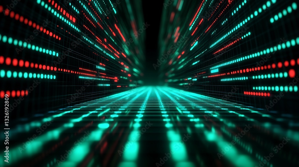 Poster futuristic abstract digital background with glowing red and green lines and grid patterns in perspec