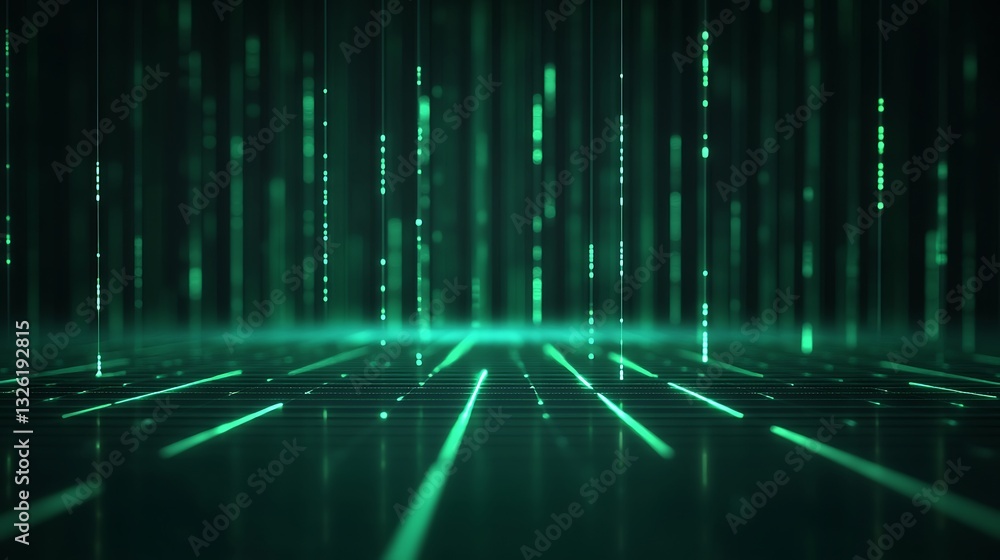Poster futuristic abstract green data streams with vertical light rays in a digital matrix environment