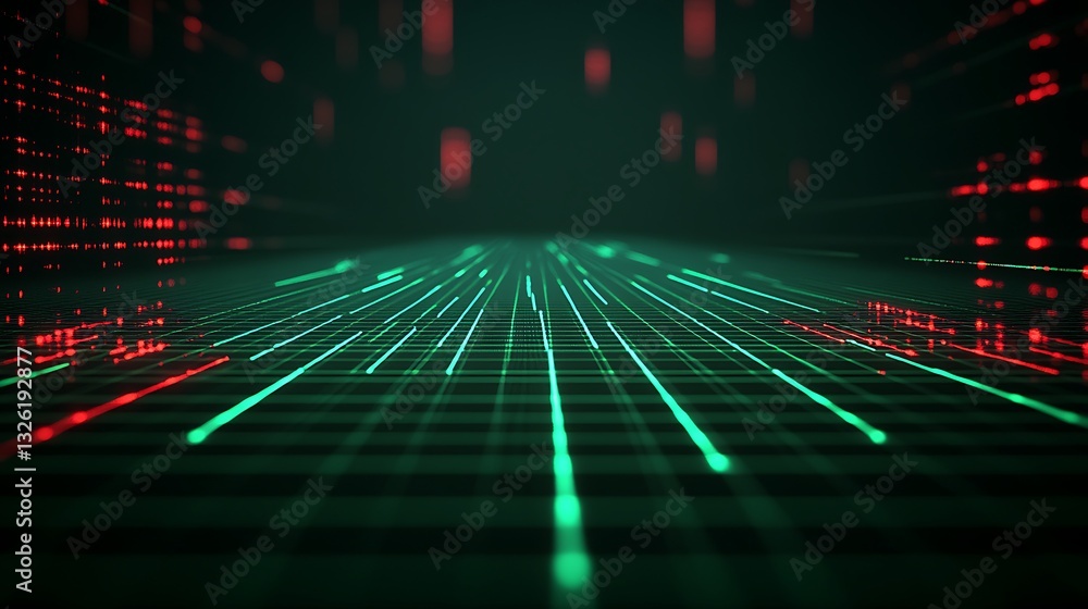 Poster futuristic data flow with bright green and red lines in a technology inspired digital space