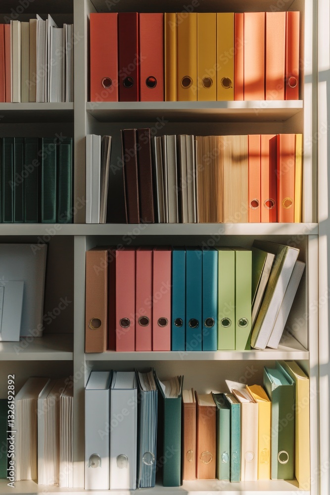 Poster a bookshelf filled with variously colored binders, perfect for organizing and categorizing documents