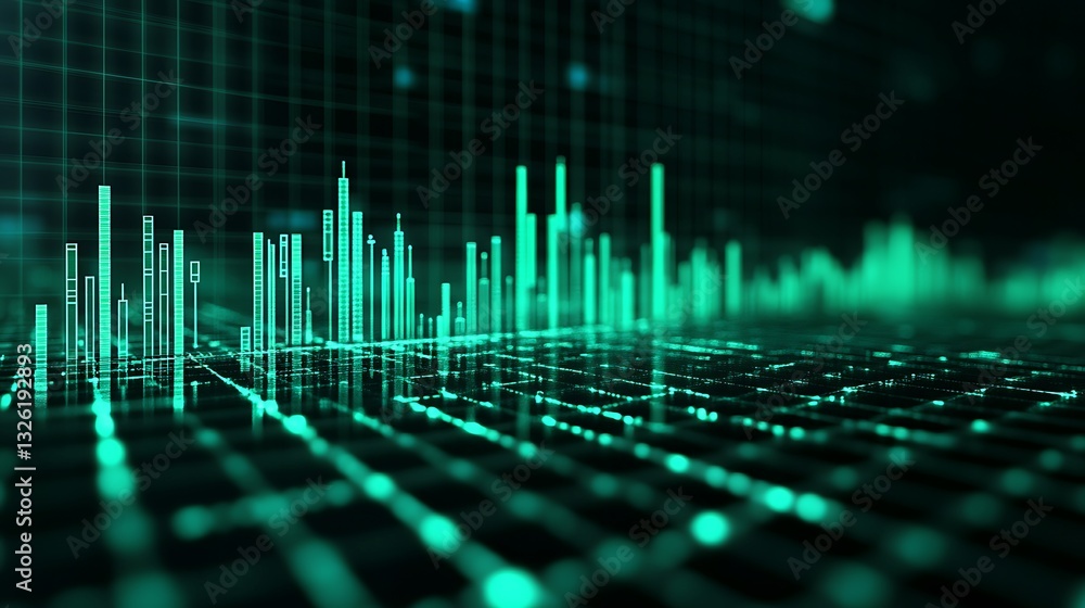 Poster futuristic abstract green data visualization with vertical bars and grid background in digital envir