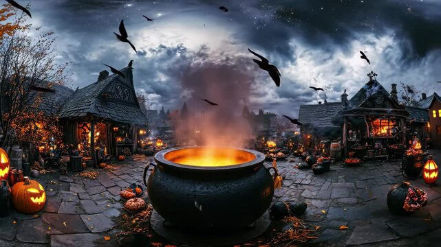 View around a large witch's cauldron in a spooky village during Halloween night, A 360-degree view around a large witch's cauldron brewing up a magic potion for halloween