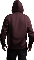 Mockup burgundy hoodie oversized with pocket, ties on bearded man, png, back view