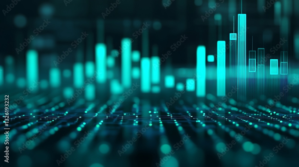 Poster futuristic data visualization with green bars and dots on a dark background for technology concepts