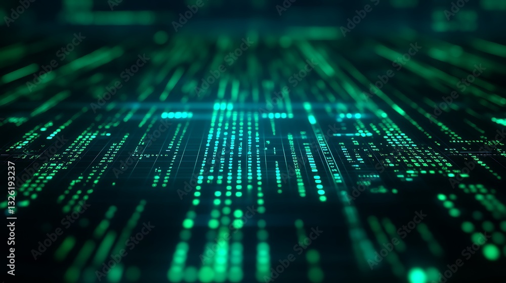 Poster futuristic digital background with glowing green binary code and data streams in a dark environment