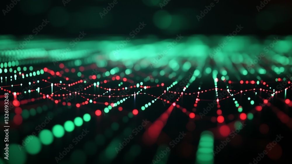 Poster futuristic data visualization with green and red dots representing high-tech network connectivity an