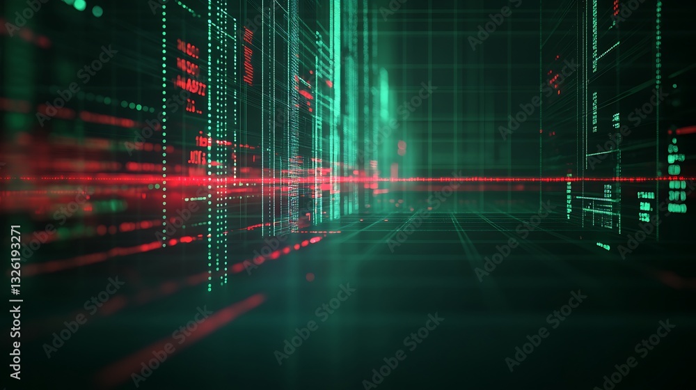 Poster futuristic digital background with green and red data streams and transparent grids in a high-tech e