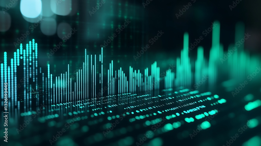 Poster futuristic digital data visualization with green and blue dynamic bars and points on a dark backgrou