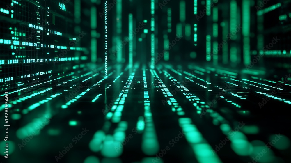 Poster futuristic digital environment with glowing green data streams creating a sense of depth and technol