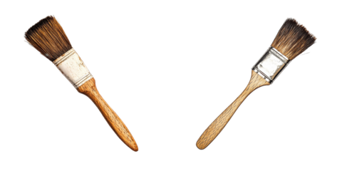 Two paintbrushes with wooden handles and bristles, showcasing different styles and designs.
