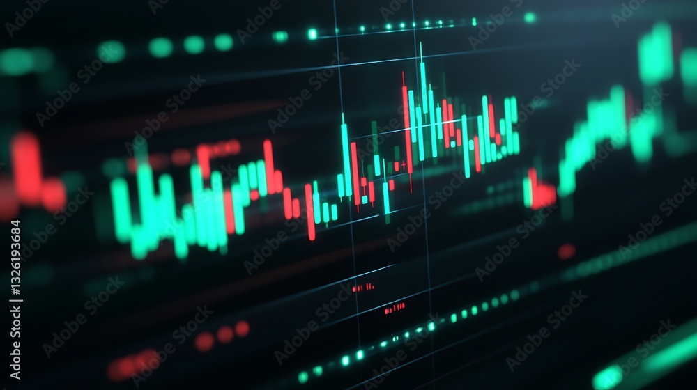 Poster futuristic digital graph displaying financial data trends with colorful candlestick pattern and char