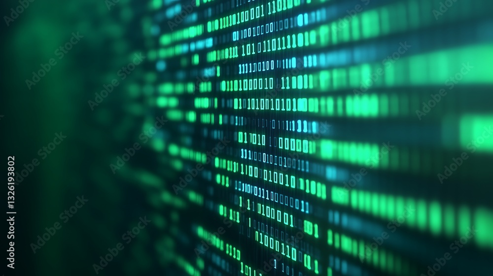 Poster Futuristic Digital Matrix with Green and Blue Binary Code Displaying Information on a Dark Background