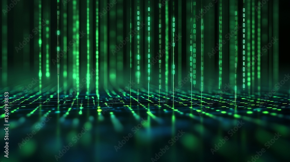 Poster futuristic digital rain with green binary code flowing downwards in a technological conceptual backg