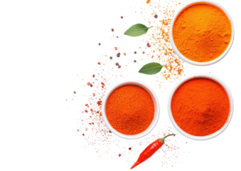 isolated transparent Background. Spices in bowls with vibrant chili powder and herbs create colorful display