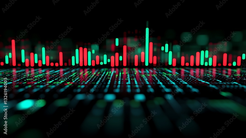 Poster futuristic digital visualization of vibrant market data with colorful bars and points on dark backgr