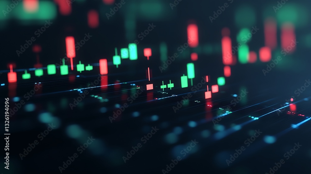 Poster futuristic financial chart with colorful candlestick graphs and data patterns on digital background