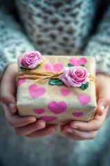 A person holding a beautifully wrapped gift adorned with pink roses, perfect for birthdays, anniversaries or special occasions