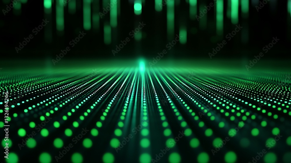 Poster Futuristic Green Light Patterns in a Digital Environment with Abstract Lines and Dots Creating Depth and Movement