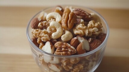 Organic Mixed Nuts in a Clear Glass Bowl on Light Wooden Surface with Natural Light Highlighting Rich Textures and Colors.