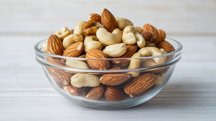 Organic Mixed Nuts in a Clear Glass Bowl on Light Wooden Surface with Natural Light Highlighting Rich Textures and Colors.
