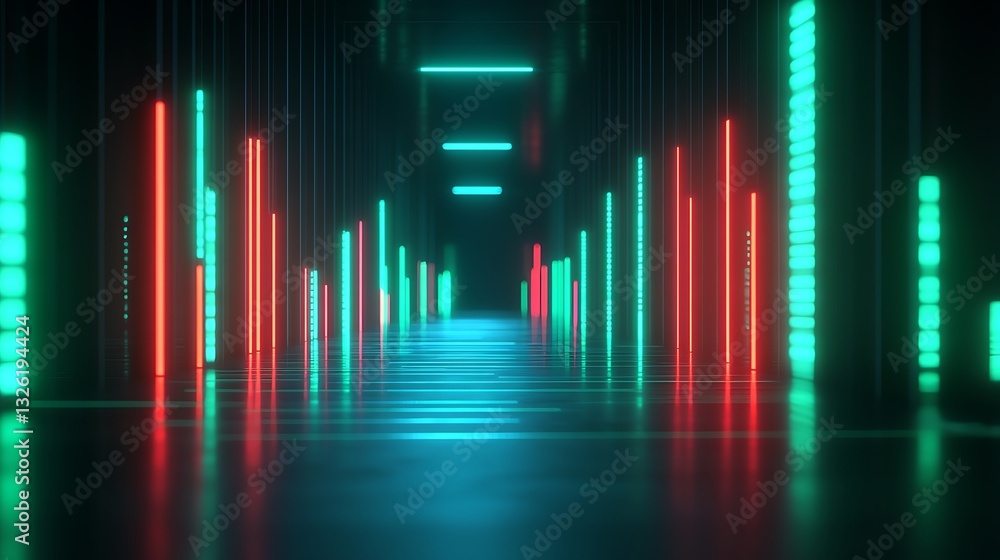 Poster futuristic neon corridor with colorful lights and reflections in a virtual environment