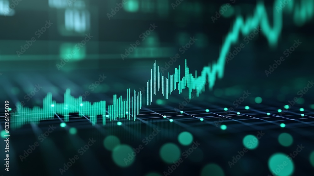 Poster green data visualization displaying rising trends with abstract graph and circular bokeh effect