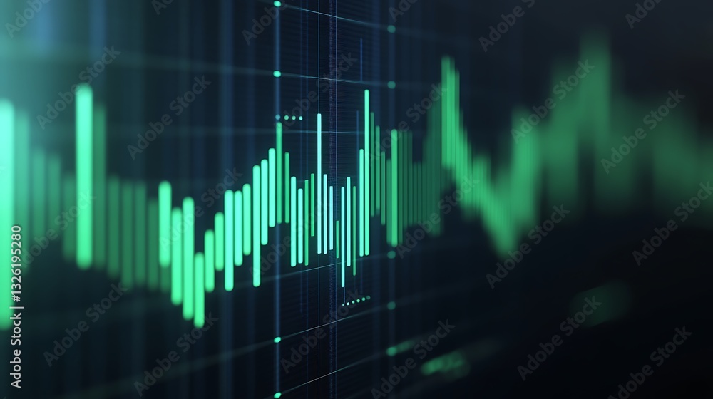 Poster green digital data visualization with waveform and graph lines representing analytics and performanc