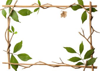 Fototapeta premium isolated transparent Background. Handmade bamboo frame with delicate woven details and green leaves