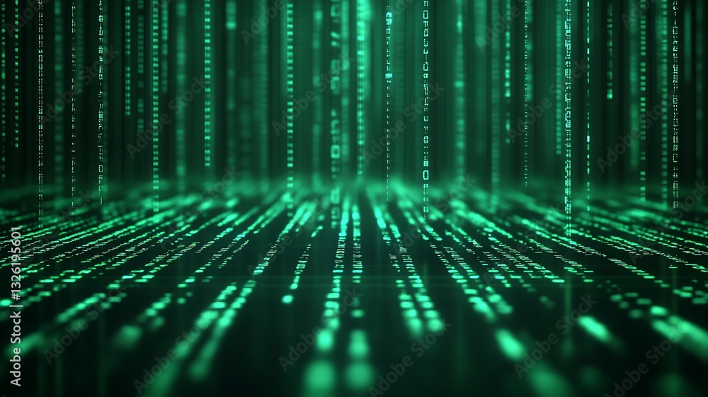 Poster green digital matrix with flowing binary code and bright data streams for technology and cyber conce