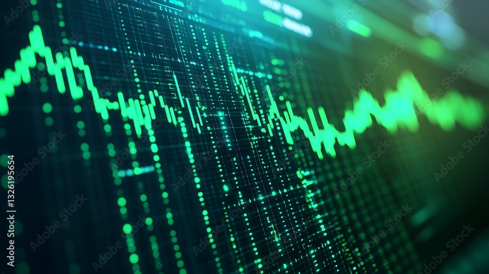 Poster green digital waveform on dark background representing data analysis and financial trends in technol